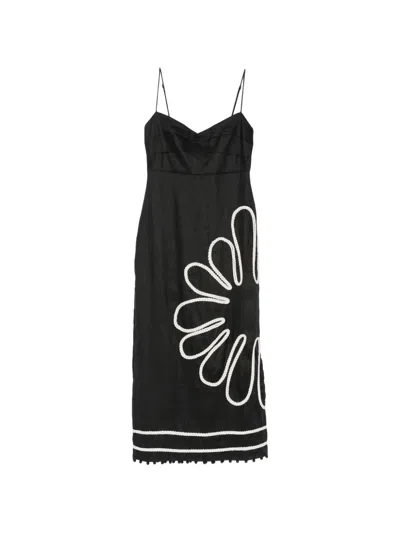 Cala De La Cruz Paloma Bead-embellsihed Embroidered Linen Midi Dress In Black