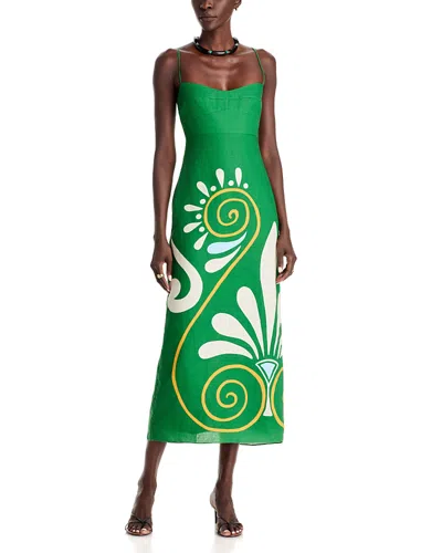 Cala De La Cruz Paloma Linen Placed Print Midi Dress In Green