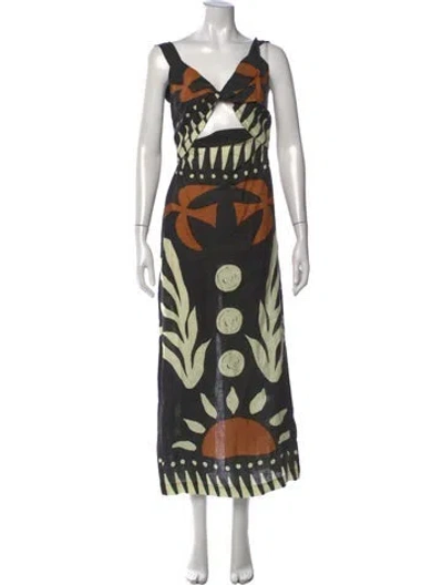 Pre-owned Cala De La Cruz Printed Long Dress In Black
