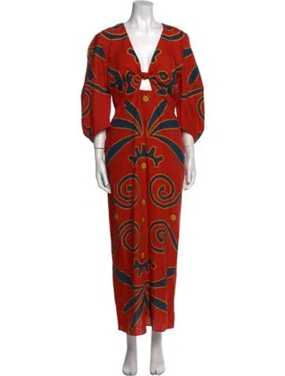 Pre-owned Cala De La Cruz Printed Long Dress In Orange