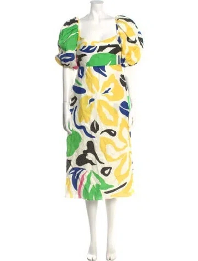 Pre-owned Cala De La Cruz Printed Midi Length Dress In Yellow