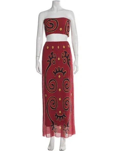 Pre-owned Cala De La Cruz Printed Raw-edge Trim Skirt Set In Red