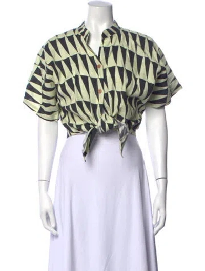 Pre-owned Cala De La Cruz Printed Short Sleeve Button-up Top In Neutrals