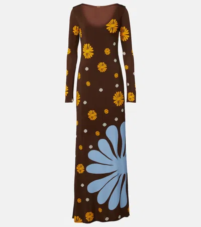 Cala De La Cruz Rocco Floral Jersey Maxi Dress In Brown