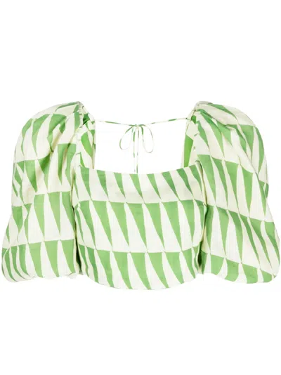 Cala De La Cruz Sami Geometric-print Linen Top In Green