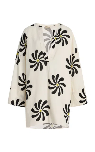 Cala De La Cruz Siena Linen Tunic Mini Dress In Black,white