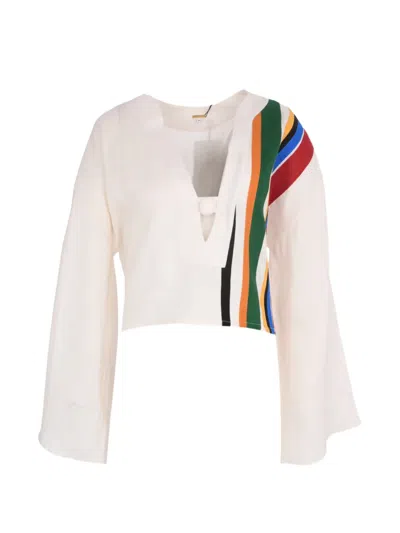 Cala De La Cruz Striped Kimono-sleeve Top In Neutral