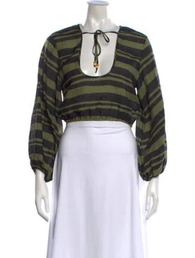 Pre-owned Cala De La Cruz Striped Tie Neck Crop Top In Green