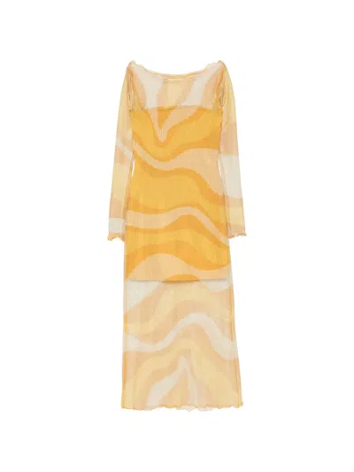 Cala De La Cruz Ursa Fishnet Long-sleeve Midi Dress In Yellow