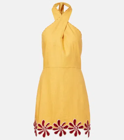 Cala De La Cruz Veneta Floral-appliqué Linen Minidress In Yellow