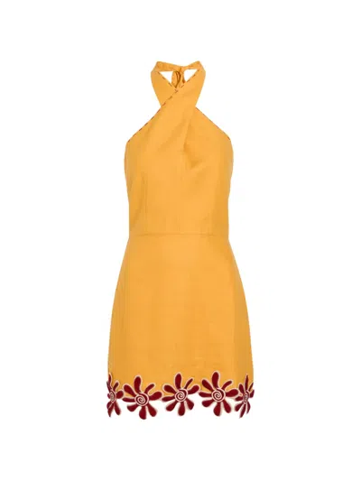 Cala De La Cruz Veneta Floral-appliqué Halterneck Mini Dress In Yellow