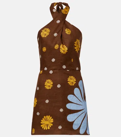 Cala De La Cruz Venta Halterneck Floral Minidress In Brown