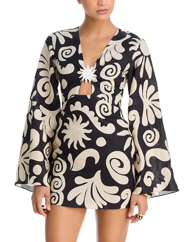Cala De La Cruz Vera Embellished Cutout Printed Linen Mini Dress In Black