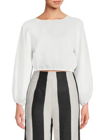 Cala De La Cruz Women's Bena Linen Puff-sleeve Crop Top In White