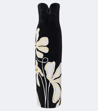 Cala De La Cruz Yves Floral Strapless Velvet Maxi Dress In Black