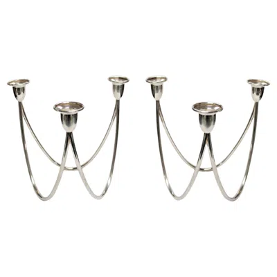 Pre-owned Calegaro Rare Pair Of Silver-plated Italian 3 Lights Candle Holders By , Italy