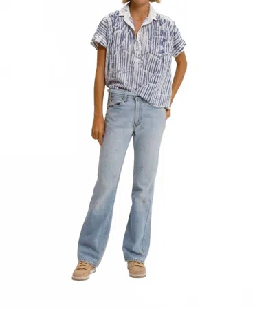 Cali Dreaming Motley Button Front Short Sleeve Top In Inked Hand Painted In Brown