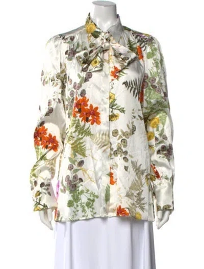 Pre-owned Caliban Floral Print Tie Neck Blouse W/ Tags In White