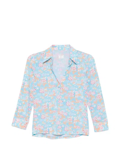Caliban Floral-print Long-sleeve Shirt In Blue
