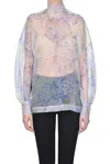 Caliban Flower Print Silk Blouse In Light Blue