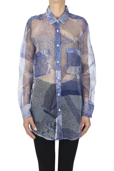 Caliban Oversized Printed Silk Shirt In Blue