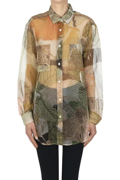 Caliban Oversized Printed Silk Shirt In Brown
