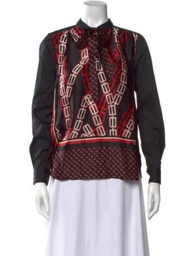 Pre-owned Caliban Printed Tie Neck Top In Black/red