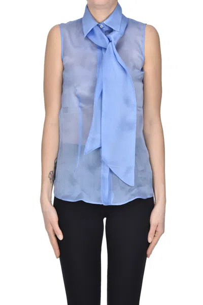Caliban Sleeveless Silk Shirt In Blue