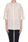 Caliban Striped Cotton Blouse In Beige