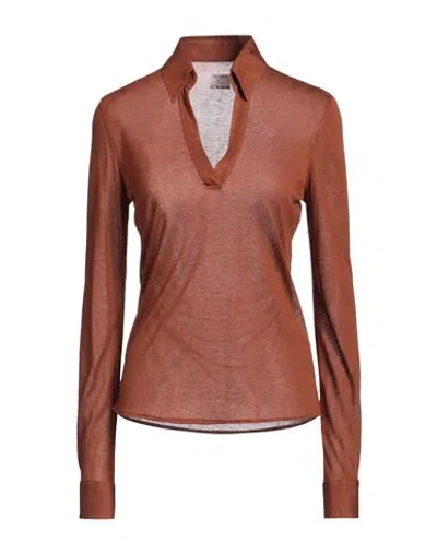 Caliban Woman Polo Shirt Brown Size 6 Modal, Wool
