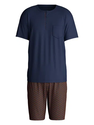 Calida Henley-neck Geometric-print Pyjama In Blue