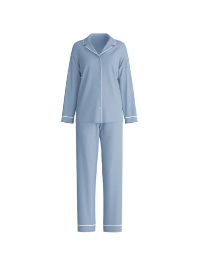 Calida Pyjama Set Contrast Piping Notched Collar In Blue