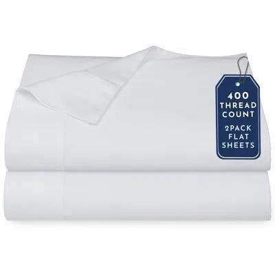 California Design Den Pack Of 2 Flat Sheets Only - Soft 400 Thread Count, 100% Cotton Sateen, 4" Hem, Durable In White