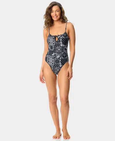 California Waves Women's Bandana Print Square Neck One-piece Swimsuit, Macy's Exclusive In Black