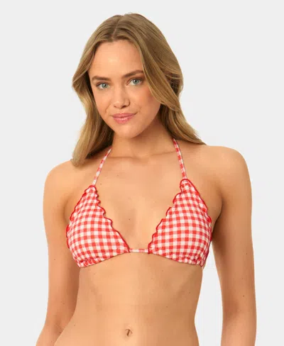California Waves Women's Gingham Lettuce Edge Trim Swim Bikini Top In Black