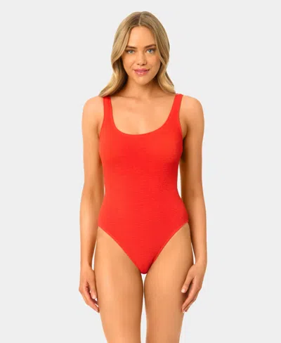 California Waves Women's Solid Popcorn Scrunch Scoop Neck One-piece Swimsuit In Red