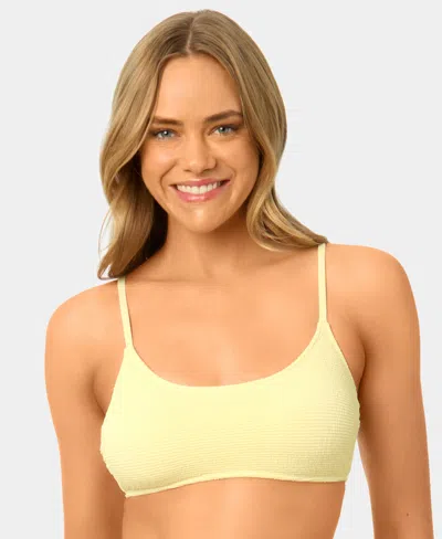 California Waves Women's Solid Popcorn Scrunch Scoop Neck Swim Bikini Top In Yellow