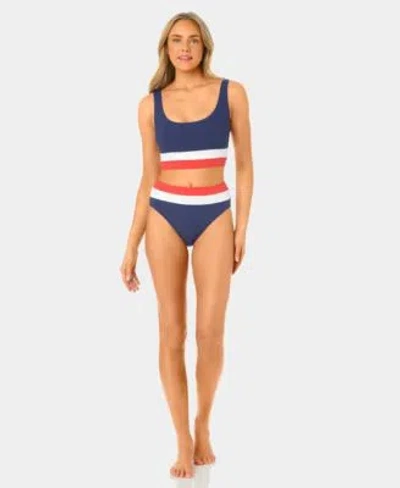 California Waves Womens Color Block Mini Rib Long Line Swim Bikini Top Banded High Waist Swim Bottoms In Blue