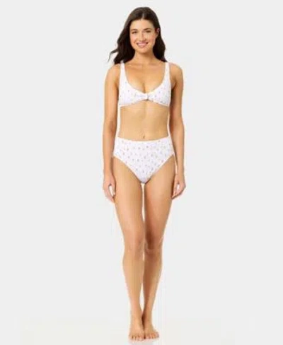 California Waves Womens Mini Cherry Smocked Knot Swim Bralette High Waist Bottoms In White