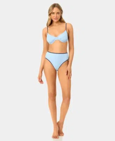 California Waves Womens Solid Seamed Contrast Binding Swim Bikini Top High Waist Contrast Binding Swim Bottoms In Blue