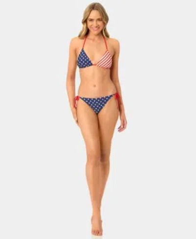 California Waves Womens Star Stripe Reversible Triangle Swim Bikini Top Side Tie Swim Bottoms In Blue
