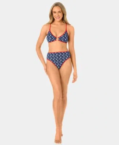 California Waves Womens Starstruck Mini Rib Ring Swim Bikini Top High Waist Swim Bottoms In Blue
