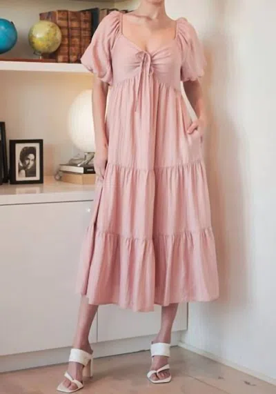 Calista Front Ruched Balloon Sleeve Tier Midi Dress In Pink