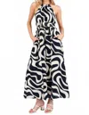 Calista Navy Print Smocked Waist Halter Neck Back Tie Maxi Dress In Blue