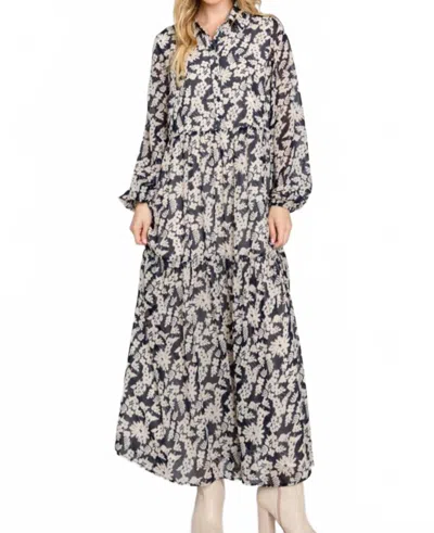 Calista Oslo Long Sleeve Floral Patterned Tiered Midi Dress In Navy With Ivory In Multi