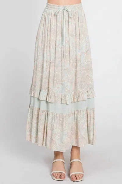 Calista Paisley Ruffle Maxi Skirt In Mint And Taupe In Multi