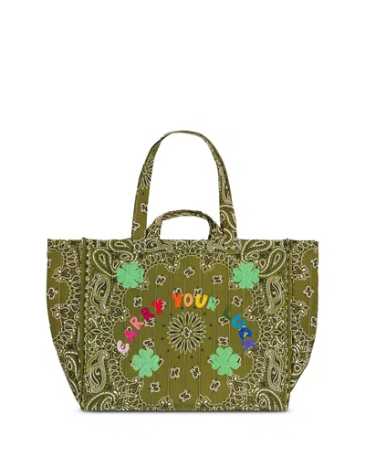 Call It By Your Name Maxi Cabas Matelasse Large Embroidered Mushroom Paisley Cotton Shoulder Bag In Green