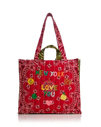 Call It By Your Name Ny Love Quilted Embroidered Tote In Red/bronze