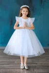 Calla Collection Short Ruffle Sleeves Beaded Flower Girl Dress In Blue