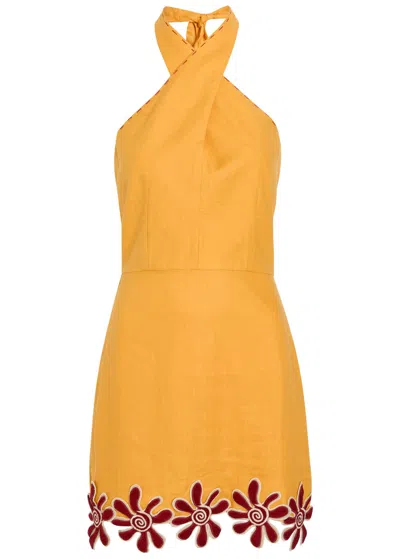 Calla De La Cruz Veneta Floral-appliquéd Linen Mini Dress In Yellow